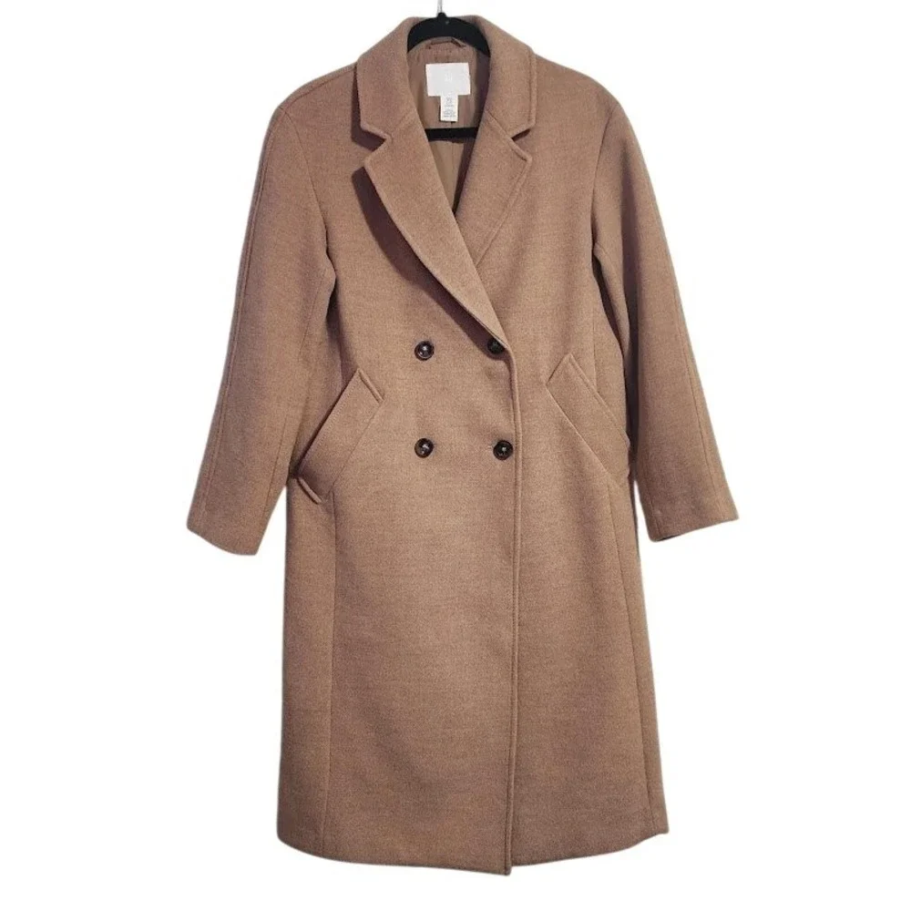 H&M Camel Double Breasted Wool Blend Long Coat‎ Minimalist clean girl XS